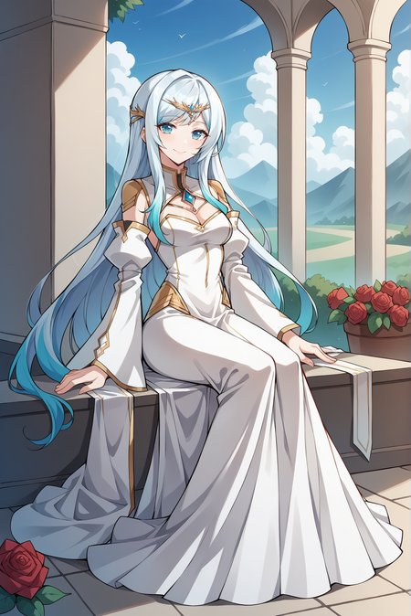 score_9, score_8_up, score_7_up, score_6_up, source_anime, 1girl, slender, solo, el harnier, <lora:HarnierXL_V1:0.8>
BREAK (closed mouth, smile), (gradient hair, white hair, blue hair, long hair, medium breasts)
BREAK (long dress, white dress, circlet, detached sleeves, wide sleeves:1.4), 
BREAK (full body, looking at viewer, sitting:1.4), outdoors, palace, garden, roses
