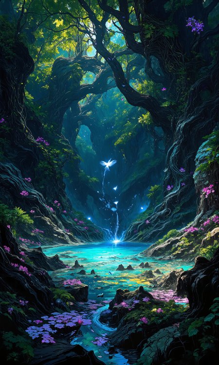 Tropical jungle landscape with towering, twisted banyan trees, their roots intertwined in intricate patterns. Lush ferns and vibrant orchids embellish the scene. Glowing fungi emit a soft, ethereal light, casting hues of cyan and lavender across the forest floor. In the heart of the jungle, a mystical, azure pool shimmers, surrounded by bioluminescent lilies that illuminate the serene waters with a gentle glow. Celestial spirit birds, adorned with iridescent feathers, glide gracefully above the pool, leaving trails of sparkling stardust. The atmosphere is enchanted, filled with a gentle hum of magical energy. Sunlight filters through the dense canopy, creating dynamic shadows that dance with the breeze. This fantastical world is captured with 8k resolution, enhanced with intricate textures and vibrant colors, evoking a sense of otherworldly wonder and tranquility. <lora:test2-000013:0.7> <lora:Hand v2:0.6> <lora:style_of_Norman_Ackroyd_FLUX_100:0.9> <lora:FLUX-daubrez-DB4RZ:0.8> <lora:New_Fantasy_CoreV4_FLUX:0.4> <lora:flux_dev:1>