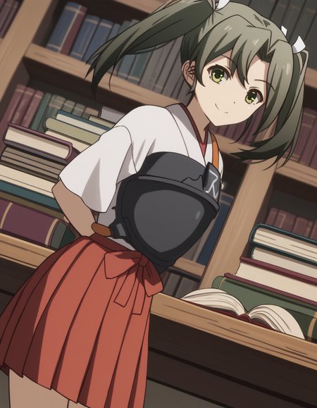 score_9, score_8_up, score_7_up, source_anime, <lora:kacolle-zuikaku-s1-ponyxl-lora-nochekaiser:1>, zuikaku, long hair, ribbon, twintails, green eyes, hair ribbon, zuikaku (kancolle), skirt, japanese clothes, muneate, red skirt, pleated skirt,, bookstore, browsing shelves, new book smell, finding a favorite, quiet atmosphere, smile, looking at viewer, hands behind back, bent over, smile, solo,, cowboy shot, dutch angle