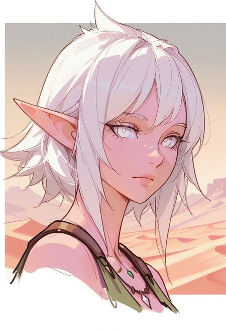 (concept art, unfinished:1.5), 1girl, close up, portrait, elf, pointed ears, detailed eyes, white eyes, spiky hair, white hair, desert, dunes, looking at viewer, 