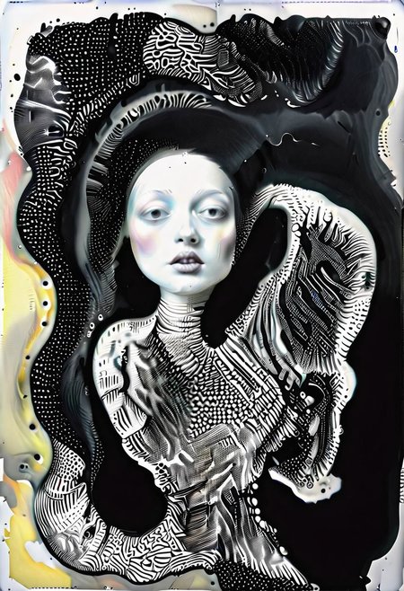 raw sketch of interwoven concrete cement pebbles cob cobblestone shell fishscales snakeskin, by Hans Bellmer, by Malevitch, by Kandinsky, Surreal psychedelic bizarre, psychedelic hallucination, pop surrealism, rough crosshatch drawing pop art Lunatic_Portrait of a young woman in latex Avant-garde Fashion page, slick back, low bun, black makeup, sinister expression, intense glare, (melting flesh covered in moss, rot, mold, bubbles, droplets:1.5), avant-garde, abstract, weird, geometric, constructivism, suprematism, rayonism, verticism, lineism, tj