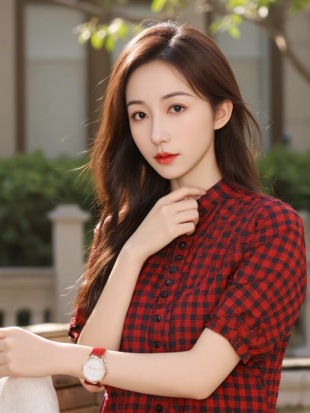 The image is a high-resolution photograph featuring an Asian woman with fair skin and long, straight, dark brown hair. She is standing outdoors, with a blurred background of greenery and a building, suggesting a park or garden setting. The lighting is natural and bright, indicating it was taken during the day. She is centered in the frame, adhering to the rule of thirds, with the camera angle slightly above eye level, giving her a confident and approachable look.

She is wearing a red and black checkered short-sleeved blouse with buttons down the front, and the blouse has a slightly loose fit, adding a casual touch to her appearance. Her left hand is resting on her neck, and she wears a red wristwatch on her left wrist. The background is softly focused, ensuring the subject remains the focal point.

The overall composition is simple yet effective, with the subject's face and upper body taking up most of the frame, and the background providing a subtle, natural context. The image is crisp and clear, with a balanced exposure that highlights the woman's features and the textures of her clothing.