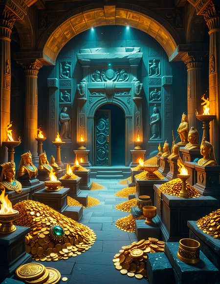 A hidden treasure chamber deep within an ancient temple, illuminated by the warm golden glow of torches and mystical blue light from enchanted crystals. The room is filled with piles of gold coins, jewel-encrusted goblets, and ancient artifacts covered in dust. Massive stone statues of forgotten deities guard the chamber, their eyes glowing faintly as if watching intruders. In the center, a grand pedestal holds a legendary artifactâan ornate golden crown encrusted with emeralds and sapphires, shimmering with an otherworldly aura. The walls are adorned with intricate carvings depicting lost civilizations, and creeping vines hint at centuries of abandonment. The atmosphere is mystical and slightly eerie, with a sense of both wonder and danger. The air is thick with the scent of aged parchment and burning incense, adding to the chamberâs ancient and mysterious feel. Cinematic lighting with dramatic shadows enhances the depth and richness of the scene, creating a visually stunning and immersive environment.
<lora:SDXLFaeTastic2400:0.4> <lora:extremely_detailed:0.4> extremely detailed, <lora:treasure_ch4mb3r:1>,treasure ch4mb3r, Masterpiece,best quality,hi res,8k,hi res,8k,award winning,(sharp focus, intricate, highly detailed),