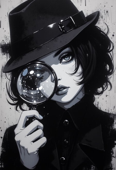 A pen and ink style expressionism painting. Portrait of a female detective scowling into a magnifying glass. The glass is crystal clear, showing a water portal through the glass. The detective is wearing a black suit and fedora that emanates her shadowy figure. 
Anime art of Detective draped in shadows with a lighting that enhances her unique features. Haunted house setting. Haunted expression, Haunted atmosphere. Ultra detailed artistic abstract. sbfte, de01, detail eyes, magic eyes, 8k.