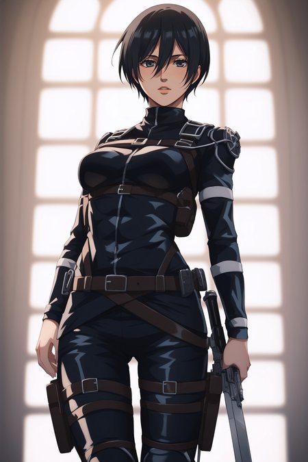 score_9, score_8_up, score_7_up, score_6_up, BREAK source_anime, <lora:adult mikasa ackerman-PonyXL-lora-faxtron:0.8> adult mikasa ackerman, black eyes, black hair, short hair, medium breasts, military uniform, armor, belt, thigh strap,