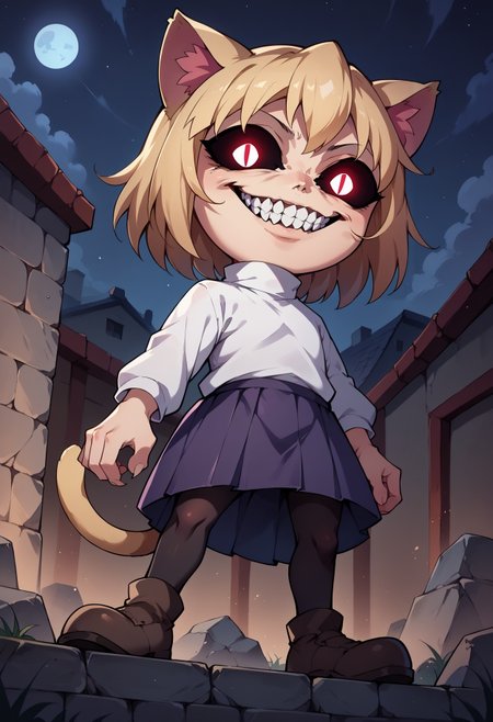 score_9, score_8_up,score_7_up,score_6_up, source_anime,night,necoarc standing on stone, from below,, blonde hair, red eyes, slit pupils, cat ears, :3, chibi, turtleneck, white shirt, blue skirt, pleated skirt, pantyhose, brown footwear, turtleneck, white shirt, purple skirt, pantyhose
solgo, sharp teeth, evil grin, black sclera, glowing eyes,
<lora:Solgo-grin-v1-potat:1> 
 <lora:necoarc-guy-PONYv1_1:1>