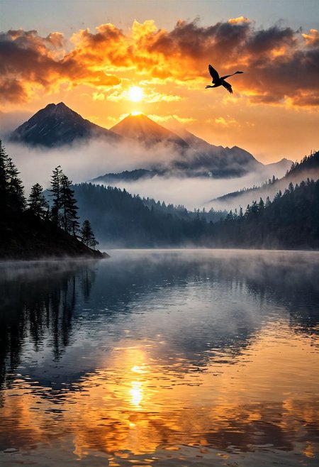Sunrise gradually illuminating a tranquil mountain lake, dense fog obscuring the mountain peaks, scarlet and gold sky reflected in the still water, lone silhouette of a heron in flight, subtle ripples in the foreground catching the first light, serene, ultra realistic, golden ratio.
