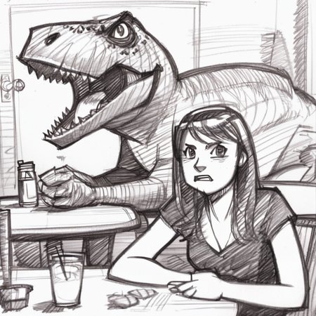 drawix21 a girl at a table in a cafe in the background a large angry t-rex, overturned tables, black ink<lora:drawix21:1>