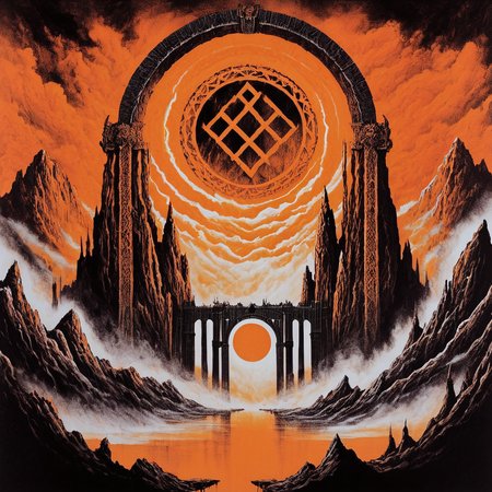 blackmetal style, xerox fog storm clouds, mountains and classical bridges, circular portal to central religious Donkey Kong, splash of orange paint,
<lora:black_metal_art:1.0>