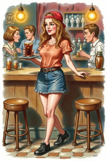 joten1 illustration.
The air buzzes with the energy of a busy bar, a mix of music, conversation, and the clinking of glasses. A barmaid, the embodiment of youthful vibrancy, navigates the lively scene. She wears a peach-coloured T-shirt, the soft fabric contrasting with the smooth, cold glass of coke she carries on a small tablet. Her short skirt adds a playful touch, and a backwards baseball cap hints at a carefree attitude. The setting and atmosphere are palpable: the warm, slightly sticky surface of the bar counter under her fingertips, the dim, colourful lighting that casts playful shadows. Sensory details are abundant: the condensation forming on the glass of coke, the texture of her denim skirt, and the way the bar lights catch the highlights in her hair. Her confident stride, her quick smile, and her efficient movements. Stylistically, the image draws inspiration from the vibrant, candid shots of nightlife photographers, with a touch of the stylized realism found in contemporary illustration. There's a deliberate contrast between the barmaid's youthful energy and the slightly worn, lived-in atmosphere of the bar, creating a dynamic and engaging image. <lora:joten1_cap_d6a3e12:1.0><lora:821786239402296686:0>