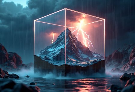 Create a hyper-realistic 3D scene featuring a large, transparent glass cube suspended in a dark environment. Inside the cube, there is a detailed, naturalistic mountain landscape, displayed as a cross-sectional view. The mountain should have rugged terrain, with visible layers of earth and rock. A dramatic thunderstorm rages above the mountain, with vivid lightning bolts striking the peak, and heavy rain pouring down. The storm should be intense, with dark, swirling clouds, flashes of lightning illuminating the scene, and the rain cascading over the mountain inside the cube. The environment outside the cube should be minimalistic, with a subtle dark gradient backdrop, allowing the focus to remain on the cube and the storm inside. The overall color palette should include psychedelic colors Camera and Settings: Use a Canon EOS 5D Mark IV with a 24-70mm f/2.8 lens. Settings: ISO 100, aperture f/8, and shutter speed 1/125s to capture a sharp, vibrant image with a wide depth of field. The poster should have a slight grain effect to enhance the retro aesthetic.
mature women