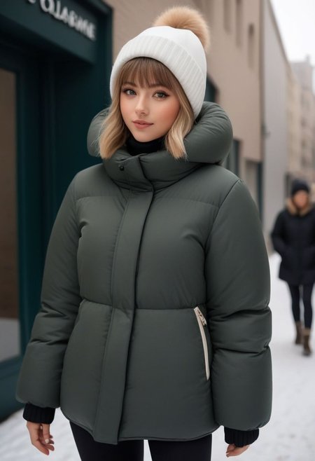 (quilted down coat:1.4), (quilted puffer coat:1.4), (quilted winter clothes:1.4), (puffer hood up:1.4), (down hood up:1.4), (very snowing, very cold:1.4), (full body, ankle winter boots:1.4), (city, street, winter, snow:1.4), (snowing clothes:1.4), walking, daytime, sun, sunlight, (leggings:1.4), thigh boots, green eyes, tsurime, blonde hair, streaked hair, medium hair, light smile, straight hair, dyed bangs, sidelocks, beanie, eyelashes, eyeliner, masterpiece, high quality, best quality, beautiful lighting, realistic lighting, beautiful eyes, beautiful hair, beautiful face, detailed face, high quality face, realistic background, detailed background, (hands behind back:1.5), (from front:1.5), cuffs, collar, (Thick padded cuffs:1.4), (Thick padded collar:1.4), <lora:Collar-SDXL:0.75>, <lora:Cuffs-SDXL:0.75>, <lora:fashion_lora:0.6>