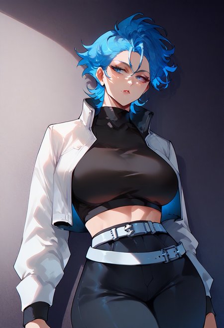 score_9, score_8_up, score_7_up, 1girl,  ultra detailed, Grimmjow, white crop jacket, black shirt, black pants, white belt, blue hair, blue eyes, large breasts