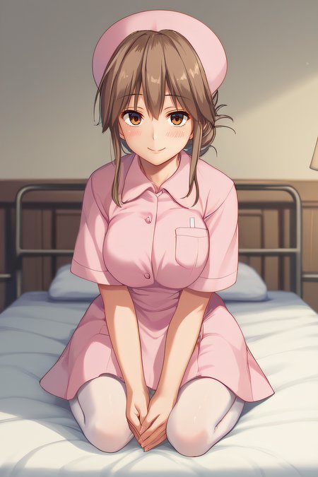 score_9, score_8_up, score_7_up, source_anime, rating_safe, intricate details, anime screencap, official style, 1girl, <lora:Akagi_Mio:1>, akagimio, brown hair, brown eyes, nurse, nurse cap, pink dress, short sleeves, white pantyhose, large breasts, indoor, looking at viewer, smile, kneeling, full body, on bed, hands on front, embarrased, smile, sad expression, blush, five fingers