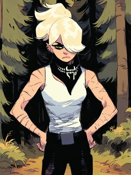 score_9, score_8_up, score_7_up, 
1girl, erica slaughter, green eyes, ponytail, blonde hair, hair over one eye, ear piercing, 

bandana around neck, white tank top, black pants, standing, outdoors, forest, frown, narrowed eyes, looking at viewer, hands on hips, scars