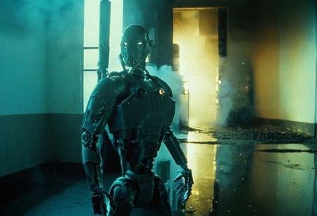 cinematic film still of, Terminator style, In the 1990's, solo, chrome Commando Droid, in cold hallway of industrial building, fiction,realistic,cyborg,cyberpunk , cinematic color, contrast, filmic, science fiction themed, action themed, cinematic look, dramatic light, dramatic shadow light, realistic, realism, perfection, perfect, Kodak, Kodak film, movie still, Terminator style, The Terminator 1991 Film style, shallow depth of field, vignette, highly detailed, high budget, bokeh, cinemascope, moody, epic, gorgeous, film grain, grainy
