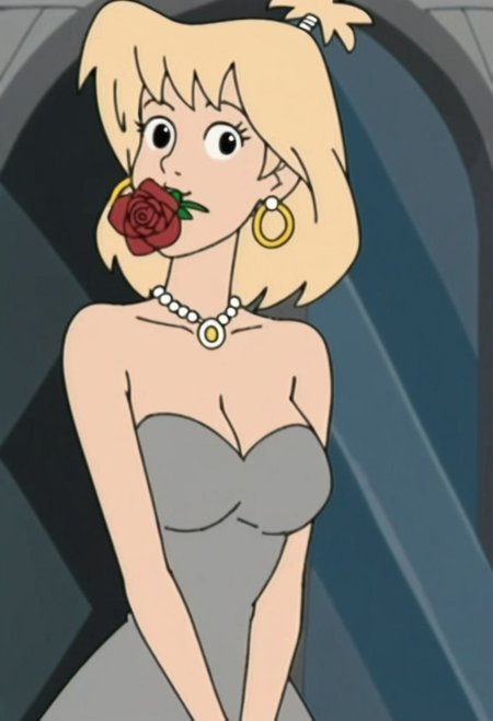 woman, tiffany, kangoo,1girl, jewelry, flower, solo, earrings, blonde hair, dress, necklace, breasts, rose, flower in mouth, red flower, looking at viewer, strapless dress, holding, strapless, upper body, grey dress, petals, medium hair, red rose, mouth hold, holding flower, medium breasts, bare shoulders, black eyes