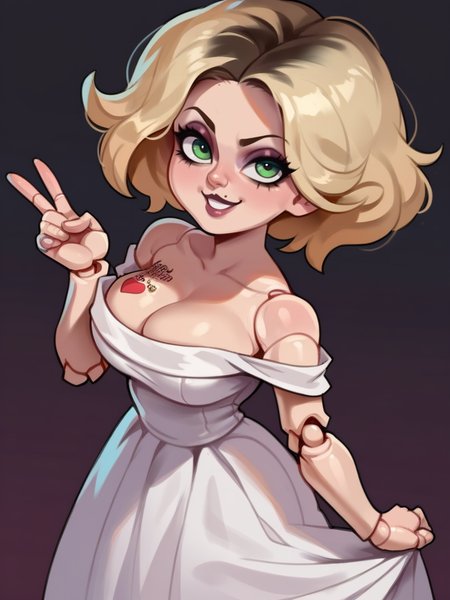 score_9, score_8_up, score_7_up, 1girl, looking at viewer, cowboy shot, dress lift, bare shoulders, naughty face, from above, dynamic pose, smile, cute, wide shot, simple background, cute pose, v, from side, cleavage, large breasts, 
<lora:TifannyCMXLP_character:0.8>TiffanyXLP, blonde hair, green eyes, eyeshadow, makeup, white dress, long skirt, doll joints, cartoon, tattoo,  <lora:Bonifasco_PonyXL_v1:0.7>
