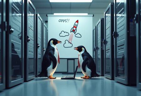 Visualize a sleek, modern server room where penguins in business suits are comically trying to fix a technical meltdown. One penguin stands on tiptoe, pecking at a keyboard with intense concentration, while another frantically fans an overheating server with a tiny tie. In the background, a whiteboard shows a comical doodle of a rocket ship crashing into a cloud labeled 'Oops!' The scene is filled with a mix of cool blues and soft lighting, giving it a polished, professional look while maintaining a whimsical charm. This humorous tableau cleverly captures the chaos of maintenance mode with an adorable, unexpected twist."