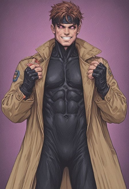 1boy, Gambit, Remy Lebeau, glowing eyes, colored sclera, black sclera, grin, open clothes, black gloves, fingerless gloves, pink eyes, coat, bodysuit, muscular, headband, abs, skin tight, open coat, trench coat, covered abs, pink and black gradient background with falling burning poker cards <lora:EMS-59834-EMS:0.800000>