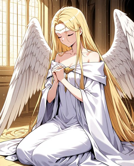 <lora:Ariana-000007:1>
1 girl, solo, very long hair, blonde hair, blue eyes, small breasts
white robe, collarbone, circlet, bare shoulders, bracelete
zPDXL3, score_9_up, score_8_up, score_7_up, (Anime_source),Masterpiece,(perfect female body:1.2), small waist,(incredibly detailed:1.4), slim, beautiful fingers, wings, praying, kneeling, eyes closed, church in the background
