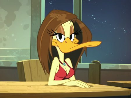 Score_9, score_8_up, score_7_up, score_6_up, BREAK,
screencap, indoors, night
 <lora:Tina_russo_Show:0.8>  tina russo, furry female, duck, beak, nostrils, light yellow fur, light brown hair, eyeshadow, black eyes, season one, red dress, cleavage, sitting, looking at viewer, smile, arms on table