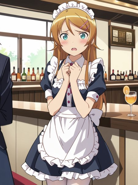 score_9, score_8_up, score_7_up, source_anime, ray tracing, best quality, anime screenshot, anime coloring,  <lora:Char-Kousaka_Kirino-V1-Pony:0.9:hr=0.6>, 1girl, kousaka kirino, hair clip, solo, maid, maid headdress, maid apron, embarrassed, white pantyhose, open mouth, blush, parted lips, looking at viewer, cowboy shot, bar \(place\), indoors, depth of field