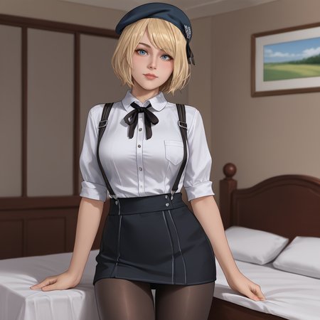 <lora:ashleyre4remake_pony_v1:.8>  Ashley, 1girl, solo, short hair, blonde hair, blue eyes, lips, bob cut,  cowboy shot, cowboy shot <lora:0902 Home wear 5_v1_pony:1> ruanyi0902,beret,black ribbon,collared shirt,black pantyhose,high-waist skirt,white shirt,suspenders