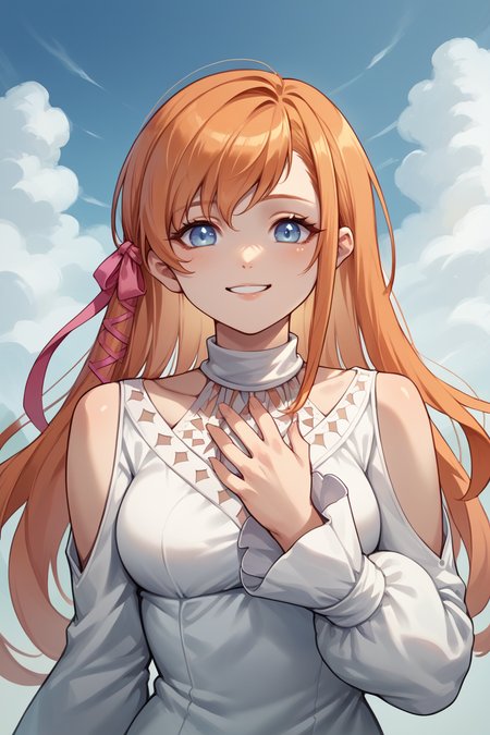 score_9, score_8_up, score_7_up, score_6_up, source_anime, BREAK 1girl  <lora:ryne-pdxl-nvwls-v1:1> ryne, orange hair, blue eyes, hair ribbon, white dress, shoulder cutout, upper body, looking at you, smile, hand to own chest, blue sky