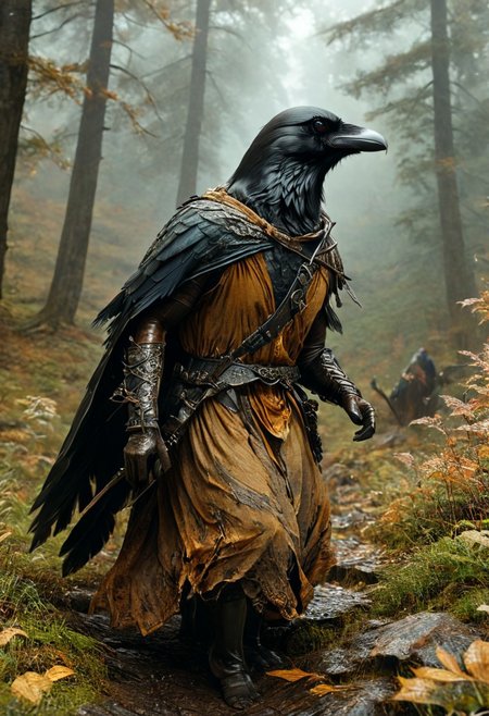 (masterpiece,best quality,ultra_detailed,highres,absurdres:1.2), DnD_Grainyboyz, rotated camera angle style,
BREAK
highly detailed photo of black corvidfolk running through forest, (dynamic pose:1.2), (fast running:1.3), motion blur, wearing brown robe, ((from side, dutch angle:1.25))
BREAK
moody forest,
detailed background, (ancient dence forest:1.2), rocks, fog, (dramatic light:1.25)
<lora:neg4all_bdsqlsz_xl_V9:2><lora:dynposes3870:1>