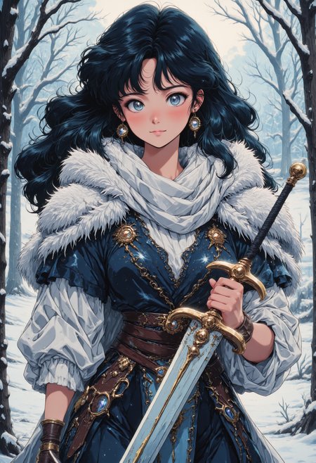 pinkretroanime, A woman clad in fur-lined armor, her frost-covered shield glinting in the pale winter sun as she holds a gleaming longsword.