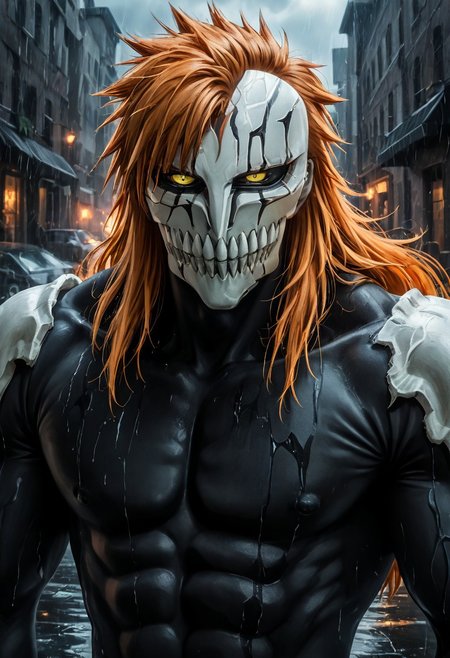 score_9,score_8_up,score_7_up,score_6_up,hollowfication, 1boy, muscular male, orange hair,long hair,,armor,glowing,smoke,rain night,upper body, (angular face, sharp_featured face), charming, alluring, illustration, Volumetric_Lighting, ultra-detailed, very aesthetic, intricate details, 8k, masterpiece, best_quality, BREAK <lora:hollowxl:1> (hollowfication), evil smile, armor, smiling, jumping, action pose, evil aura, white mask, skull-likemask, shattered mask, ribs, pecs, muscles, bone, hollow, green, yellow eyes, bleach hollow, black sclera,hollow mask, hole in the chest, hollow ichigo, roars, vibrating, rage, red, <lora:hollowxl-000004:1>,<lora:ratatatat74_pony_v1-000015:0.5>, BL4CK3STBL4CK, black_theme, matte_color, flat_color, detailed background, urban, glass buildings, reflective glass, glass highrise, sky scrapers, flood water, water, broken glass, gray sky