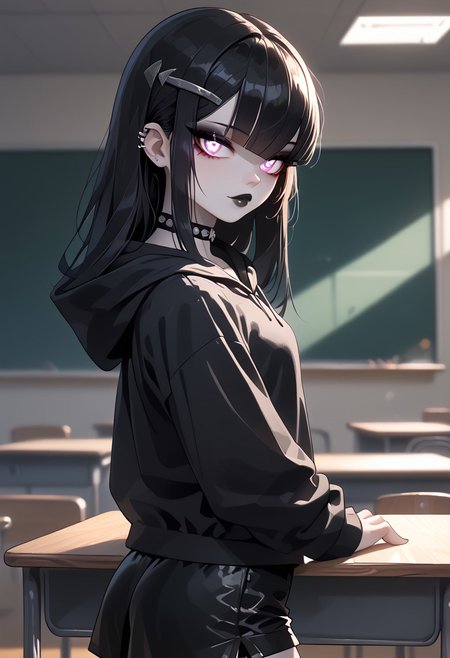 (((Kirlia))), female, anthro, porcelain white skin,score_9, score_8_up, score_7_up, score_6_up, 1girl, 18 years old, kirlia, (black hoodie, long sleeves, short skirt, black shorts, shorts, spandex shorts, booty shorts, choker, goth girl:1.45), low light, seductive, toned body, depth of field, dark night, shadows, dramatic lighting,  candid, black hair, vivid eyes, black lipstick, eyeliner, makeup, ((long straight hair, cut bangs:1.3)), white pale skin, bangs, hair bangs, cute, perky big natural breasts, bubble butt, ((side shot, looking back, cowboy shot, close up:1.1)), dim light, low light, dramatic light, Low-key lighting Style, ((indoors, classroom, desks, student desks, teacher table, blackboards, alone in classroom, empry classroom, night:1.4)), ((wide shot, upper body close up, standing up:1.5)), standing near desk,