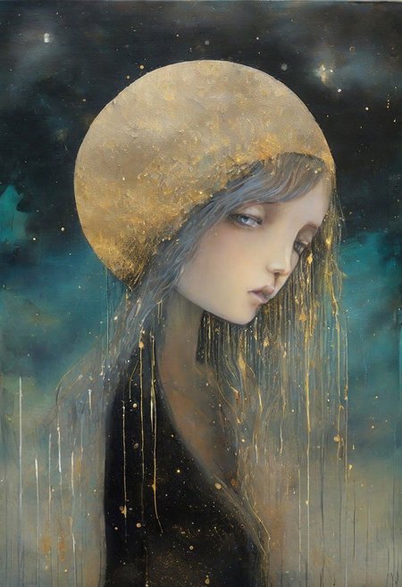 surreal  landscape  wet oil and alcohol ink, thin black and gold lines, 3-D, textured, centered, delicate, fantasy, magical, mystical, fragile. a young girl who gazes at the starlit sky ,and the moon, complementary colors, fantasy concept art,wet oil and alcohol ink, thin black and gold lines, 3-D, textured, centered, delicate, fantasy, magical, mystical, fragile." style  like  lowbrowart   8k