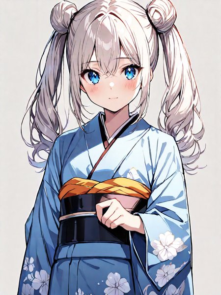 masterpiece,ultra-detailed,best quality,8K,illustration,cute face,clean skin ,shiny hair,petite girl,ultra-detailed-eyes,simple background,   <lora:double bun twintail_XL_illustrious_V1.0:1> double bun twintail,twintails,kimono