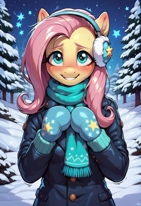 score_9, score_8_up, score_7_up, score_6_up, semi-realistic artwork, detailed background, high quality, vibrant colors, best quality rendering, intricate details, high resolution, sharp focus, best render quality, (background-winter forest, snow, night, stars, glowing stars), close up view, focus on face,
1girl, solo, Fluttershy (anthro pony), 18 yo, long hair, narrow shoulders, skinny, shiny skin, small perky breasts,
wearing a winter coat, scarf, mittens, fluffy winter earmuffs,
dynamic pose, shivering, 
shy, blush, blushing, embarrassed, happy, smiling, looking at viewer, hot breath,