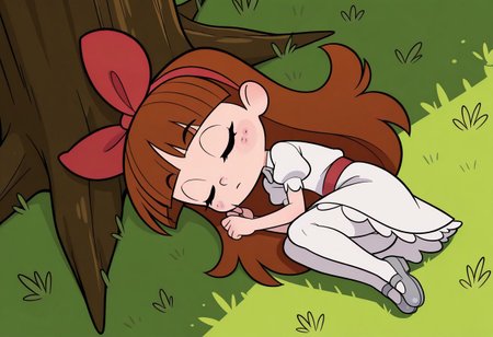 masterpiece, best quality, good quality, little girl, shortstack, 1girl, solo, freckles, blue eyes, eyelashes, perfect eyes, long hair, brown hair, straight bangs, red hairband, red hairbow, white dress, white collared dress, short sleeves, puffy sleeves, red belt, white petticoat, white pantyhose, silver shoes, lying, on the grass, under a tree, eyes closed, sleeping, on her side, curled up, forest, early morning, from above, upper body, closeup,