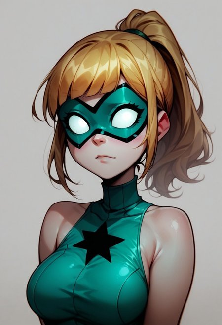 score_9, score_8_up, score_7_up,
(face focus, face portrait, face close-up:1.1), (vibrant colors, bright cel-shading), 2d, (teal domino mask,  white eyecovers), cute, (shortstack:0.4), innocent (fair white skin:1.5) super hero, solo focus,1girl, (voluptuous, big breasts), (teal leotard aside, turtleneck, exposed shoulders), (blonde ponytail, fringe, cute bangs), (Dark teal star chest symbol)