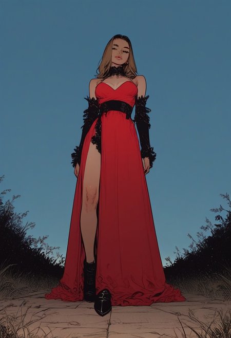 score_9, score_8_up, score_7_up, sinozick style , flat color, erotic theme , full body shot, bright colors,  source_comic, pinup girl pose, Expressive,, extremely attractive woman, red sparkling gown,  posing for erotic photoshoot, dynamic sexy pose,
BREAK 
dramatic angle, unique perspective, unique angle,