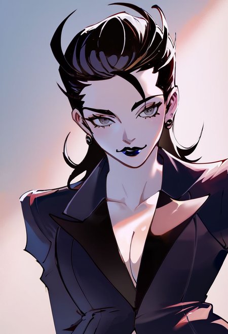 score_9, score_8_up, score_7_up, 1girl, yurikosmt, black hair, hair slicked back, grey eyes, blazer, skirt, black pantyhose, black nail polish, dark blue lipstick, make up, alluring face, sexy pose, cleavage, high quality, best quality, very aesthetic, absurdres, (masterpiece:1.0), (best_quality:1.0), office room
