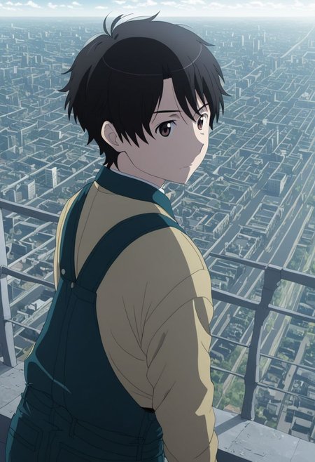 high resolution, solo, best quality, 1Boy, Inaho Kaizuka, Black Hair, Brown Eyes, high-rise, top of building, landscape, depth of field, OverallDetail