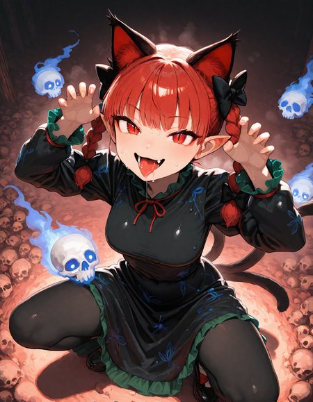 munakata_(sekimizu_kazuki), hamada_yoshikazu,negative space, cinematic shot, masterpiece, highres, absurdres, newest,  wide shot, ,slimes_skullwm,made of skulls,kaenbyou_rin, touhou, 1girl, pink_hair, red_eyes, solo,animal_ears ,black_bow, black_dress , braid,breasts, cat_ears , dress,extra_ears, fang ,frilled_dress ,frills, hair_bow ,large_breasts ,long_eyelashes  ,long_sleeves ,looking_at_viewer ,multiple_hair_bows, pointy_ears ,red_bow , red_hair, slit_pupils, smil,tight_clothes ,tight_dress, twin_braids ,fang, crazy_eyes ,seductive smile, steaming body, in heat, sweaty,paw_pose , squatting, tongue, tongue_out , saliva,saliva_trail ,saliva_drip ,open mouth, from above, surround by skull,
<lora:SlimesSkullWM:1> <lora:ponyv5_noobE11_1_adamW:0.7> <lora:illustrious_noobai_epsilon_pred_11_very_aesthetic_v1:0.7> , <lora:kaenbyou_rin_image6792_2023-12-20:0.6>