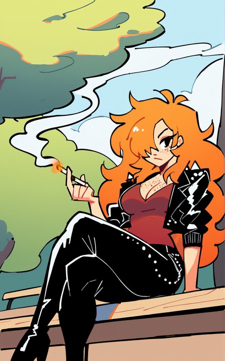 score_9, score_8_up, score_7_up,((best quality)), absurdres,  <lora:3d-2d:0.8>,  <lora:TigerNJPXL:0.8>,TigerNJPXL,long hair, orange hair, jacket, leather jacket, hair over one eye,long hair, pants, big hair,black jacket, black pants,red shirt,shirt,human,freckles,black eyes,park, sitting, bench, smoking,leaning back,holding cigarette,cleavage, crossed arms, crossed legs