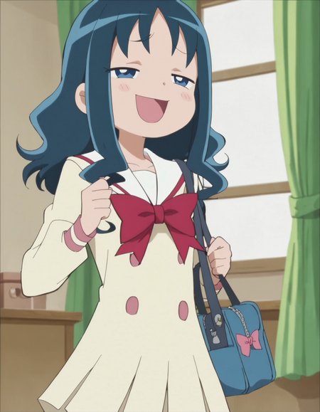 score_9, score_8_up, score_7_up, anime screencap, solo,1girl,kurumierika, school uniform,  open mouth, smile, bow,cowboy shot,small breasts,blush,smug<lora:kurumierika:0.8>