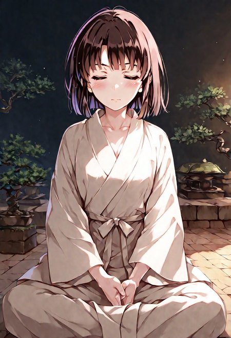 1girl, misaki_kurehito_2, katou megumi, Megumi,brown hair,kato megumi,brown eyes, short hair , medium breasts, bare shoulders, narrow mouth, solo, looking at viewer, masterpiece, best quality, simple linen meditation robe, muted earth tones, zen garden background, raked sand patterns, moss-covered stones, ancient bonsai trees, bamboo fountain, stone lanterns, meditation pose, eyes closed peacefully, incense smoke trails, morning mist, stone pathway, peaceful atmosphere, minimalist composition, soft diffused lighting, wide establishing shot, tranquil mood