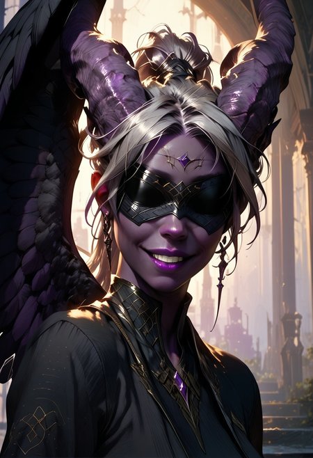 (absurdres, best quality, masterpiece:1.4), score_9, score_8_up, score_7_up, score_6_up, detailed, detailed body, detailed face, fantasy, 
(female, tiefling, h0rns, ram horns, black horns, tall, ((((dark purple skin, purple skin)))), ((long grey hair, ponytail)), black eyes, no pupils, no sclera, (((wingsd, black wings)))),
looking toward viewer, soft smile,
(simple black skirt, black shirt, blindfold, black cloth blindfold), 
depth of field, outdoors, harbour, evening, lamp posts