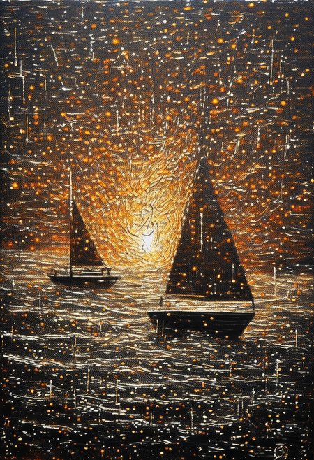 sparkles, painting on an old canvas, sunset on the beach, yatch on the sea, energetic strokes, black and bronze palette, fine and detailed strokes, Ectoparasitism, Lungs<lora:EMS-379413-EMS:1.000000>