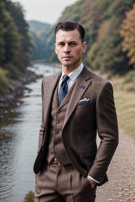 ((epic and classy portrait, high quality, close-up, a man in a suit standing next to a river, old wool suit, tweed colour scheme, tailored clothing, suit and waistcoat, stylish, classic style, tan suit, elegant, handsome)), dramatic lighting, portrait photography, professional photograph, HD, 4k, UHD, highly detailed, vintage, retro, old-fashioned, classic, classy, elegant, (trending on Instagram, trending on ArtStation, professional photograph)