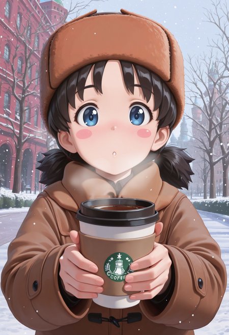 masterpiece, best quality, amazing quality, very awa, looking at viewer,
 <lora:Nina illu:1> 1girl, black hair, short hair, short twintails, blue eyes, blush stickers, 
winter clothes, papakha, fur hat, incoming drink, giving, holding cup, coffee cup, outdoors, european architecture, moscow, park, bare tree, snowing,