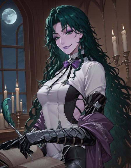 masterpiece,best quality,amazing quality, Dutch angle, from side, solo, ravenptn, green hair, parted bangs, very long hair, green eyes, eyeshadow, purple lips, shawl, uniform dress, waist leggings, Bow collar, right elbow glove, asymmetrical arms, left arm bracer, indoors, night, moon, candles, holding a single quill, open book on lap, smirk, parted lips, looking at viewer